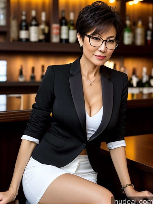 ai nude image of woman in black jacket and white dress sitting at a bar pics of Milf Pixie Chinese Bar Casual Professor Stylish Suit Perfect Boobs Perfect Body Glasses Beautiful Sexy Face Blouse Bra Cleavage Dark Lighting Detailed 60s