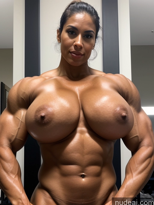 ai nude image of arafed woman posing in a gym with a huge breast pics of Huge Boobs Muscular Bodybuilder 20s Busty Nude Big Ass Brunette Brazilian Tall Close-up View