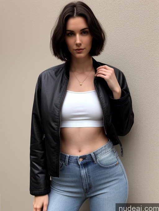 ai nude image of arafed woman in a white top and black jacket posing for a picture pics of One White Pixie Woman Fairer Skin Small Tits Oiled Body Tall Skinny 18 Black Hair Crop Top Jeans Jacket