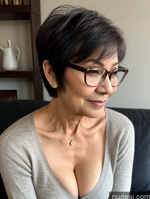 ai nude image of there is a woman with glasses sitting on a couch looking at a cell phone pics of Milf Two Beautiful Glasses Perfect Body Short Hair 70s Side View Bra Casual Professor Sweater Cleavage Dark Lighting Detailed Sexy Face Spreading Legs Vietnamese Small Tits