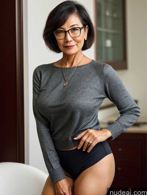 ai nude image of there is a woman in a gray sweater and black panties posing pics of Milf Two Beautiful Glasses Perfect Body Short Hair 70s Side View Bra Casual Professor Sweater Cleavage Dark Lighting Detailed Sexy Face Spreading Legs Vietnamese Small Tits