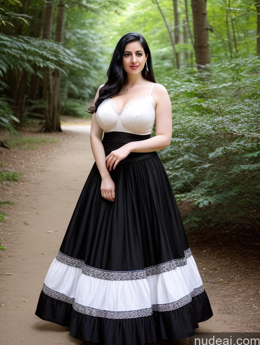 ai nude image of araffe woman in a black and white dress standing in a forest pics of Fairer Skin Black Hair Indian Short Dress 30s Long Hair Busty Big Hips Long Skirt Bra