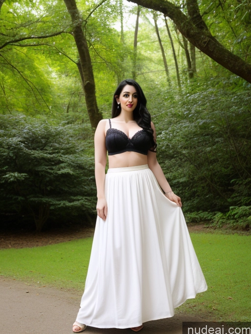 ai nude image of araffe woman in a black bra top and white skirt posing for a picture pics of Fairer Skin Black Hair Indian Short 30s Long Hair Busty Big Hips Long Skirt Bra