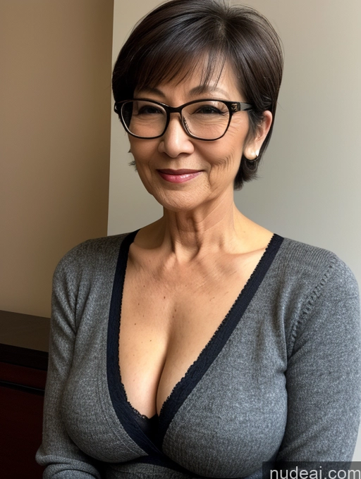 ai nude image of there is a woman with glasses and a gray sweater posing for a picture pics of Milf Two Perfect Boobs Beautiful Glasses Perfect Body Short Hair 70s Side View Bra Casual Professor Sweater Cleavage Dark Lighting Detailed Sexy Face Mongolian