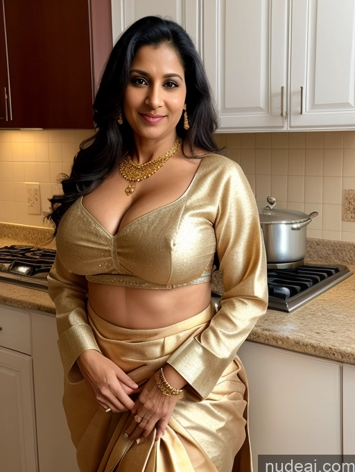 ai nude image of araffe woman in a gold sari posing in a kitchen pics of Milf One Huge Boobs 40s Seductive Black Hair Long Hair Indian Kitchen Blouse Sari Cleavage Jewelry Gold Jewelry Bright Lighting