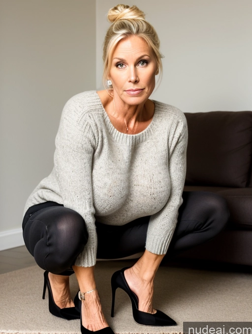 ai nude image of blond woman in a grey sweater and black pants crouching on a rug pics of Milf 50s Serious Blonde Hair Bun High Heels Perfect Boobs Long Legs Squatting Sweater