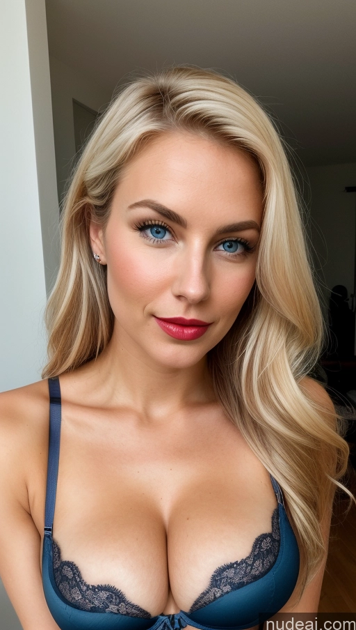 ai nude image of blond woman with blue eyes and a blue bralet posing for a picture pics of Busty Beautiful Lipstick Perfect Boobs Skinny Perfect Body Sexy Face Scandinavian Push-up Bra 20s