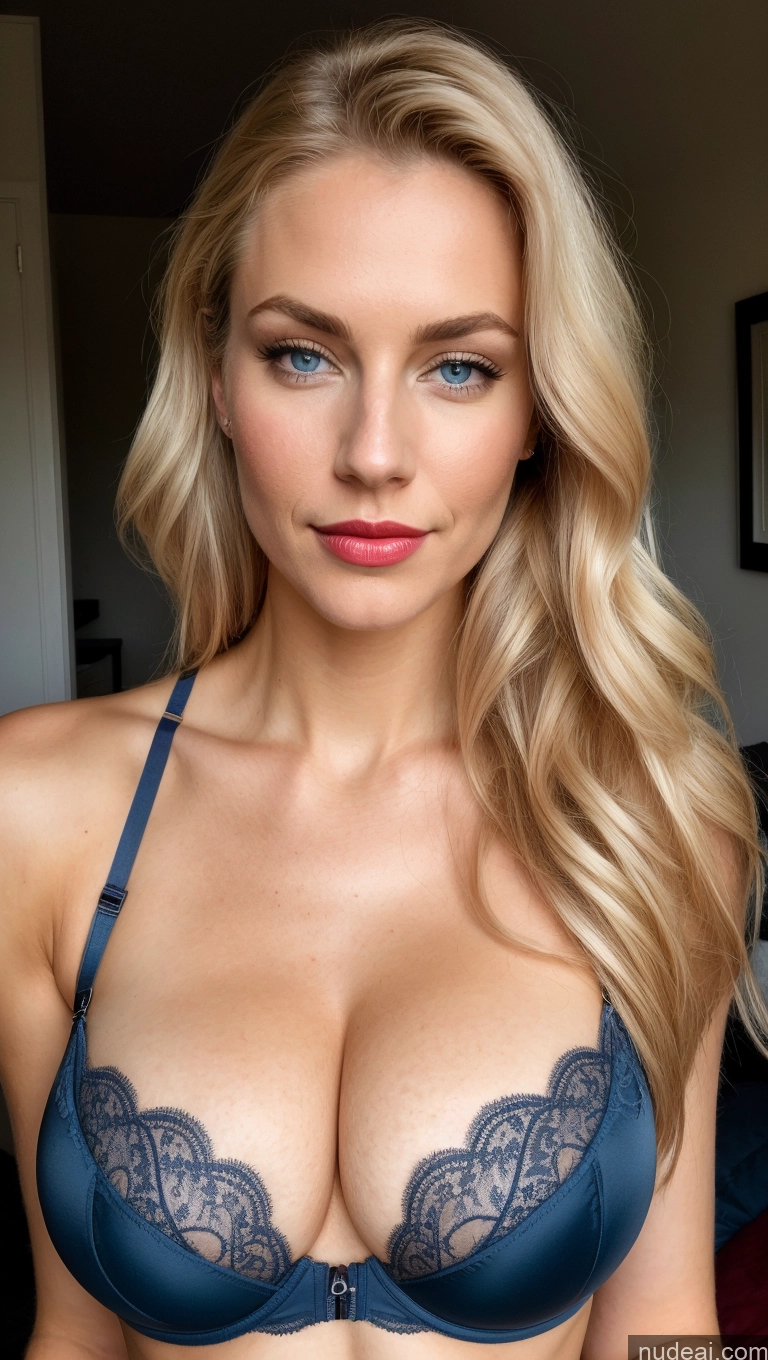 ai nude image of blond woman with blue eyes and blue bralet posing for a picture pics of Busty Beautiful Lipstick Perfect Boobs Skinny Perfect Body Sexy Face Scandinavian Push-up Bra 20s