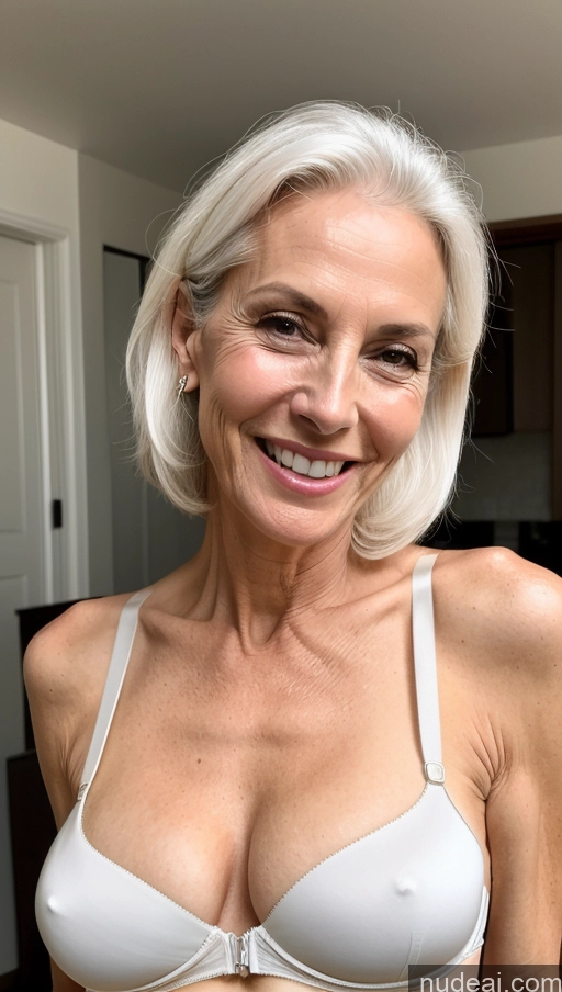 ai nude image of blond woman in white bra top smiling in kitchen with open door pics of Skinny Perfect Body Laughing White Hair Slicked Bra Detailed Topless Close-up View Milf 60s