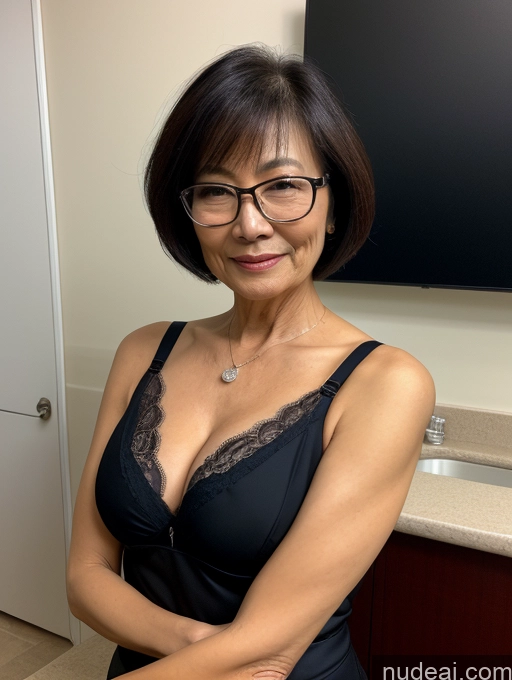 ai nude image of there is a woman in a black dress and glasses posing for a picture pics of Milf Two Perfect Boobs Beautiful Glasses Perfect Body Short Hair 70s Chinese Bra Casual Doctor Lab Coat Cleavage Dark Lighting Detailed Sexy Face