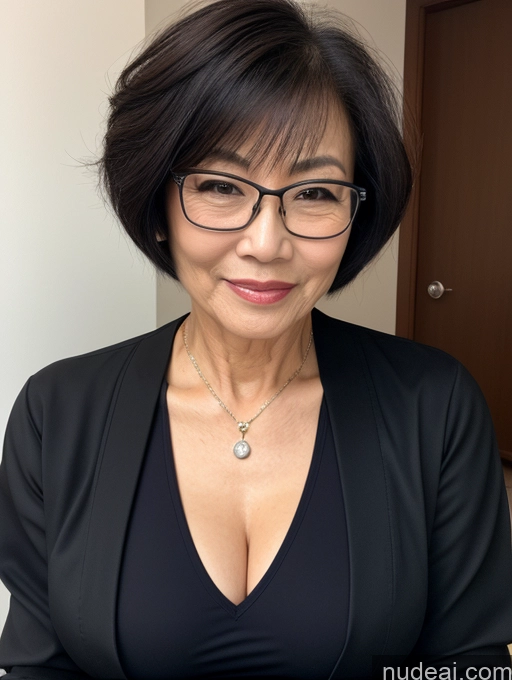 ai nude image of there is a woman with glasses and a black top posing for a picture pics of Milf Two Perfect Boobs Beautiful Glasses Perfect Body Short Hair 70s Chinese Bra Casual Doctor Lab Coat Cleavage Dark Lighting Detailed Sexy Face