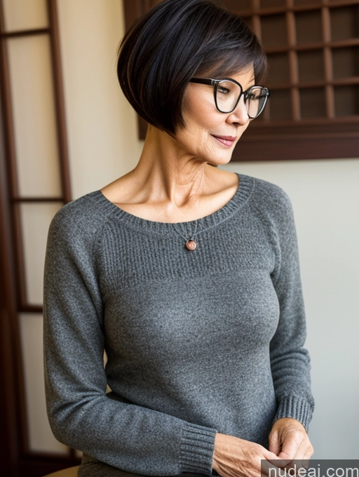 ai nude image of arafed woman in a gray sweater and glasses looking at a cell phone pics of Milf Two Beautiful Glasses Perfect Body Short Hair 70s Chinese Side View Bra Casual Professor Sweater Cleavage Dark Lighting Detailed Sexy Face Small Tits