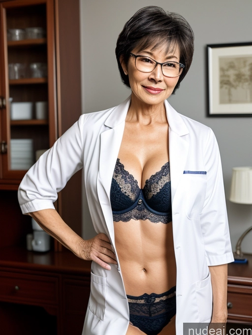 ai nude image of arafed woman in a lab coat and panties posing for a picture pics of Milf Two Perfect Boobs Beautiful Glasses Perfect Body Short Hair 70s Chinese Bra Casual Doctor Lab Coat Cleavage Dark Lighting Detailed Sexy Face