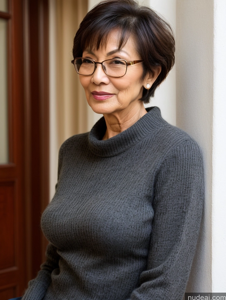 ai nude image of there is a woman wearing glasses and a gray sweater pics of Milf Two Beautiful Glasses Perfect Body Short Hair 70s Chinese Side View Bra Casual Professor Sweater Cleavage Dark Lighting Detailed Sexy Face Small Tits