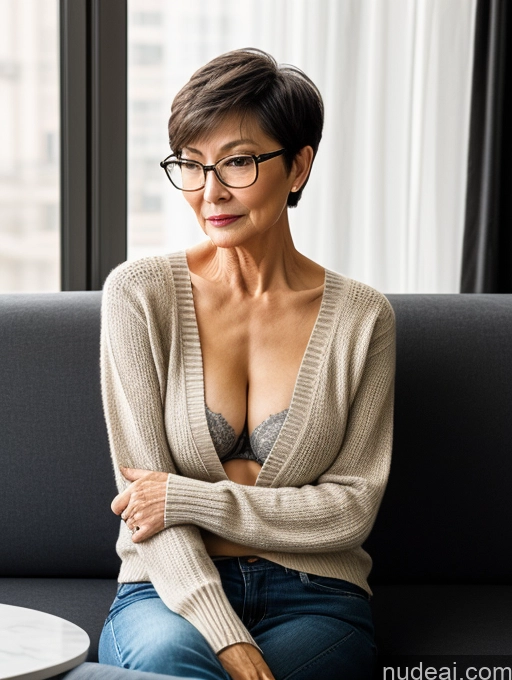 related ai porn images free for Milf Two Beautiful Glasses Perfect Body Short Hair 70s Chinese Side View Bra Casual Professor Sweater Cleavage Dark Lighting Detailed Sexy Face Small Tits Couch