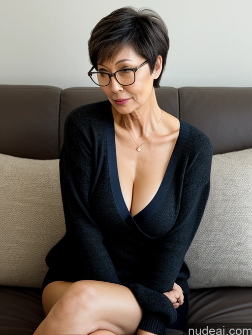 related ai porn images free for Milf Two Beautiful Glasses Perfect Body Short Hair 70s Chinese Side View Bra Casual Professor Sweater Cleavage Dark Lighting Detailed Sexy Face Small Tits Couch