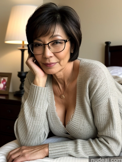 ai nude image of arafed woman in glasses laying on a bed with a lamp pics of Milf Two Beautiful Glasses Perfect Body Short Hair 70s Chinese Side View Bra Casual Professor Sweater Cleavage Dark Lighting Detailed Sexy Face Small Tits Bedroom On Back