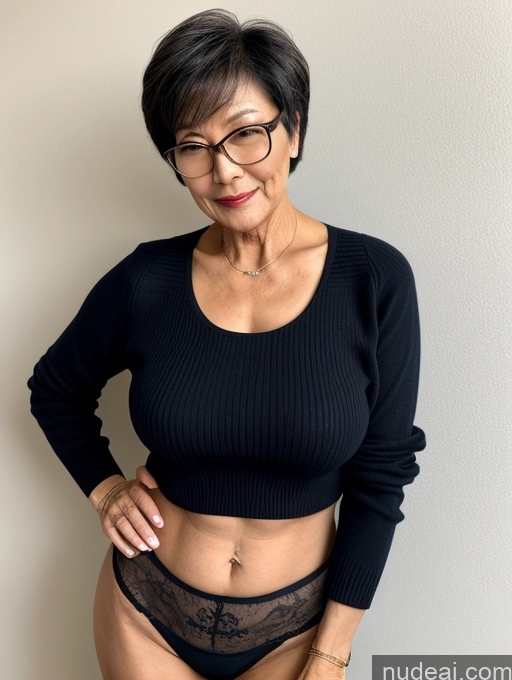 ai nude image of there is a woman in a black top and panties posing for a picture pics of Milf Two Perfect Boobs Beautiful Glasses Perfect Body Short Hair 70s Chinese Bra Casual Professor Sweater Cleavage Dark Lighting Detailed Sexy Face