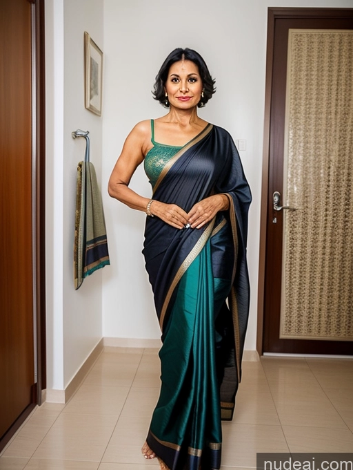 ai nude image of arafed woman in a black and green sari standing in a hallway pics of Milf One Perfect Boobs Small Ass Long Legs Perfect Body Seductive Black Hair Straight Spreading Legs Front View 70s Bathroom Indian Sari