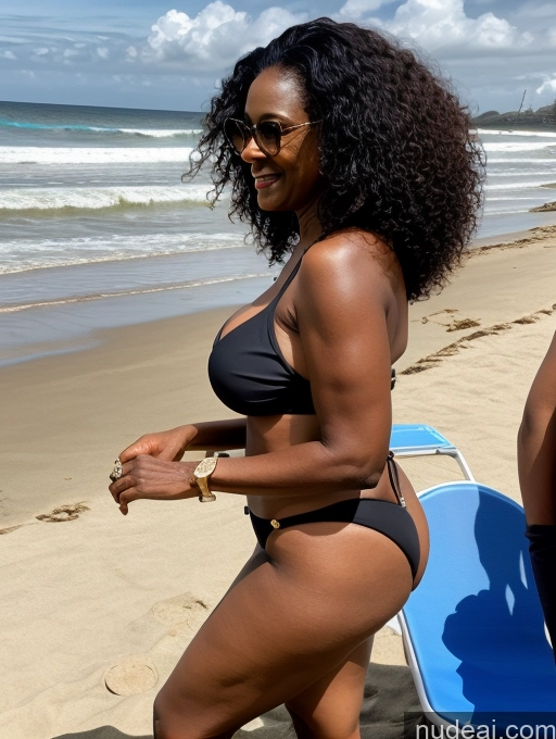 ai nude image of woman in a black bikini walking on the beach with a surfboard pics of Milf Thick Dark Skin Long Legs 50s Black Hair Curly Hair Nigerian Wedding Rings Bikini Small Tits Busty Side View Beach