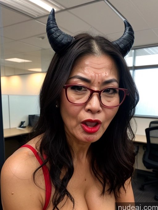 ai nude image of woman with horns on her head and glasses making a funny face pics of Milf Perfect Boobs Beautiful Glasses Lipstick Big Ass Perfect Body Oiled Body 60s Angry Ahegao Japanese Skin Detail (beta) Office Cumshot Devil Cleavage Dark Lighting Detailed