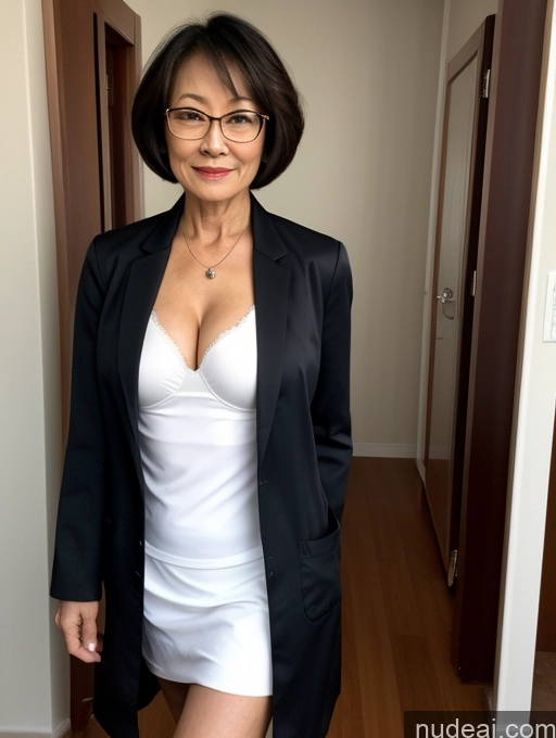 ai nude image of there is a woman in a white dress and black jacket pics of Milf Two Perfect Boobs Beautiful Glasses Perfect Body Short Hair 70s Chinese Bra Casual Doctor Lab Coat Cleavage Dark Lighting Detailed Sexy Face