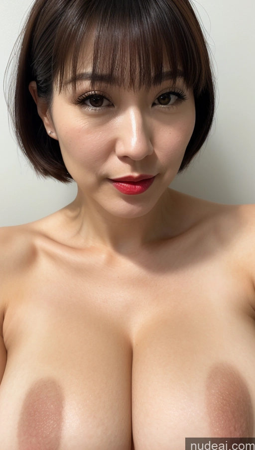 ai nude image of arafed asian woman with big breast showing off her big tits pics of Woman One Huge Boobs Beautiful Lipstick Fairer Skin 40s Japanese Close-up View Black Hair Bobcut