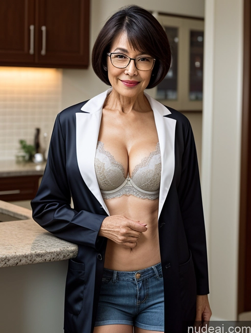 ai nude image of there is a woman in a black jacket and blue shorts posing for a picture pics of Milf Two Perfect Boobs Beautiful Glasses Perfect Body Short Hair 70s Chinese Bra Casual Doctor Lab Coat Cleavage Dark Lighting Detailed Sexy Face