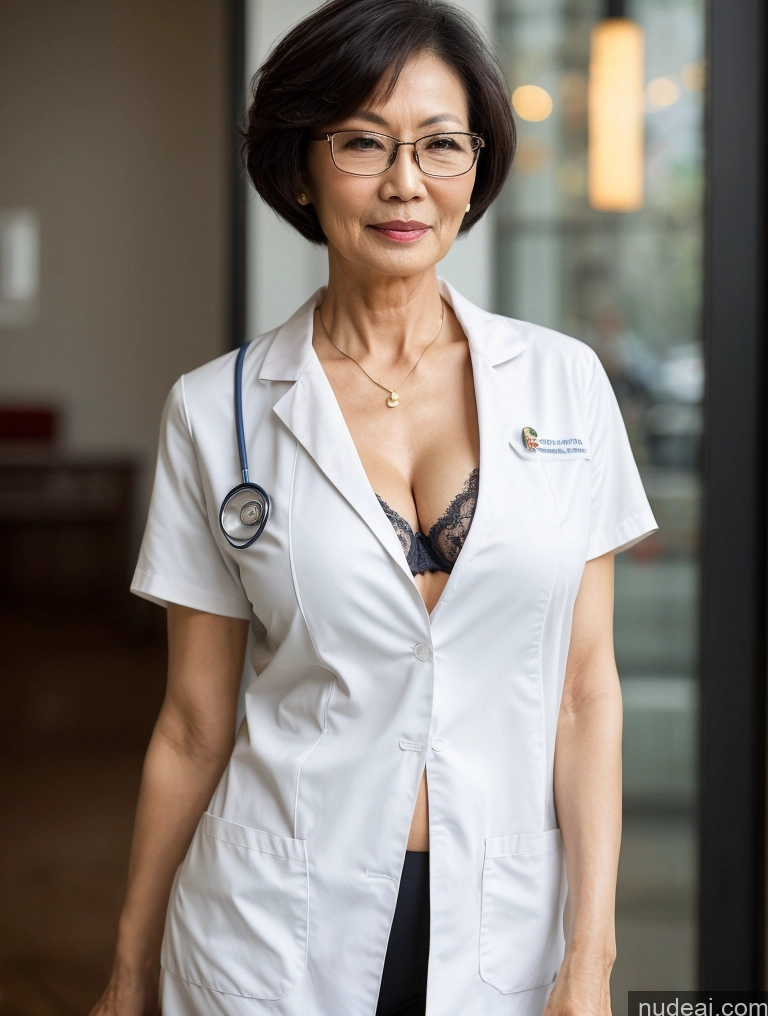 ai nude image of arafed woman in a white lab coat and glasses standing in a hallway pics of Milf Two Perfect Boobs Beautiful Glasses Perfect Body Short Hair 70s Chinese Bra Casual Doctor Lab Coat Cleavage Dark Lighting Detailed Sexy Face