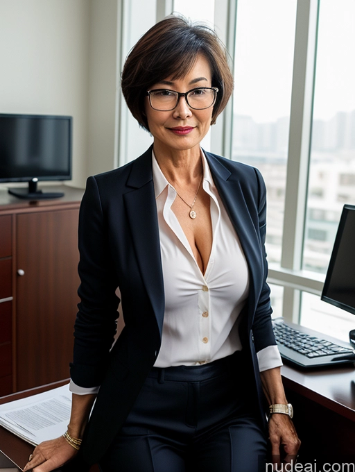 ai nude image of woman in black suit sitting at desk with computer and monitor pics of Milf Perfect Boobs Beautiful Glasses Perfect Body Short Hair 60s Chinese Office Blouse Casual Professor Stylish Suit Cleavage Dark Lighting Detailed Sexy Face Partially Nude