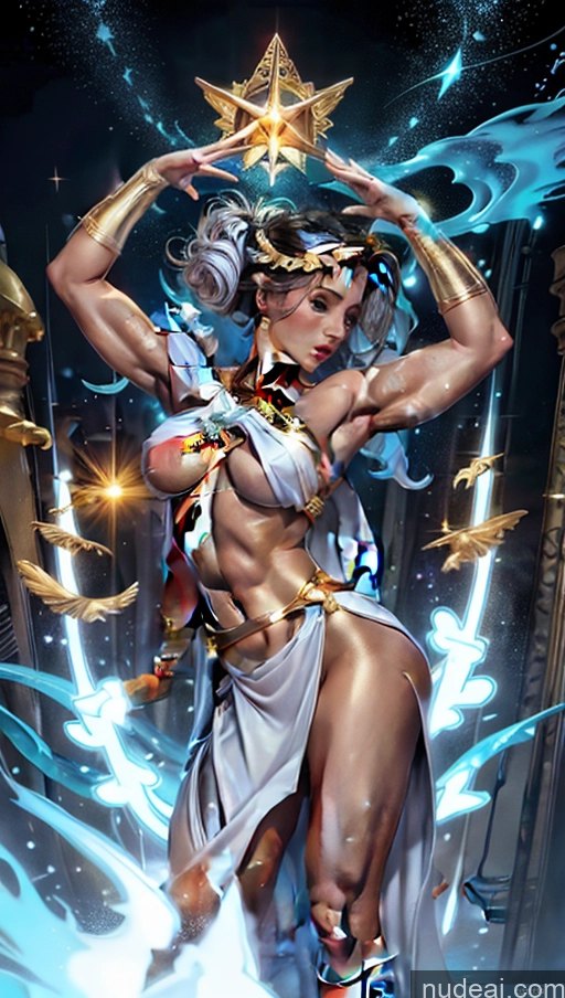 ai nude image of a close up of a woman in a costume with a star on her head pics of Woman Several Perfect Boobs Muscular Abs Car Dynamic View Powering Up Menstoga, White Robes, In White And Gold Costumem, Gold Headpiece, Gold Belt, Gold Chain Captain Marvel Surrealist