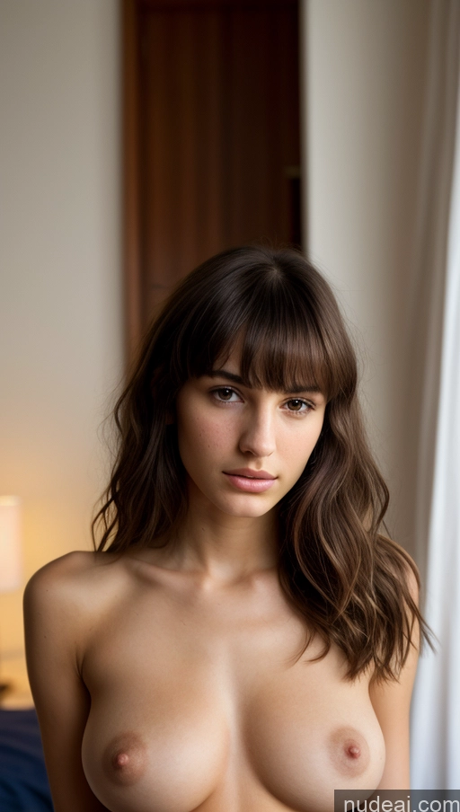 ai nude image of nude woman with long brown hair posing in a bedroom pics of Model Small Tits Skinny Beautiful 18 Serious Brunette Bangs Jewish Bedroom Close-up View Nude Bright Lighting