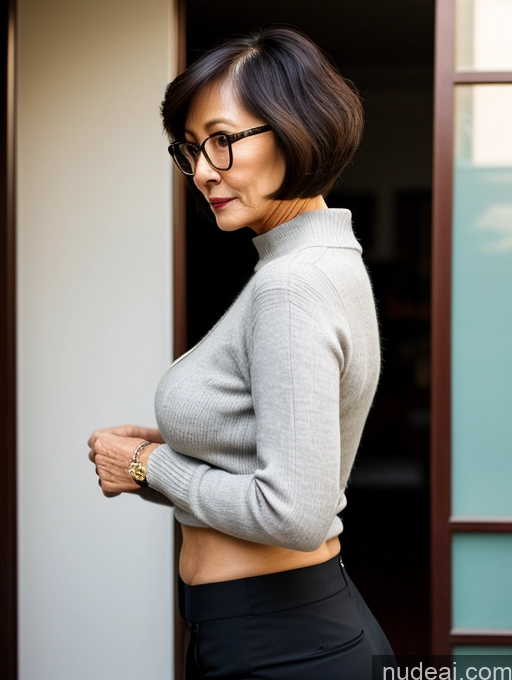 ai nude image of there is a woman in glasses standing in front of a door pics of Milf Two Small Tits Beautiful Glasses Perfect Body Short Hair 70s Chinese Side View Bra Casual Professor Sweater Cleavage Dark Lighting Detailed Sexy Face