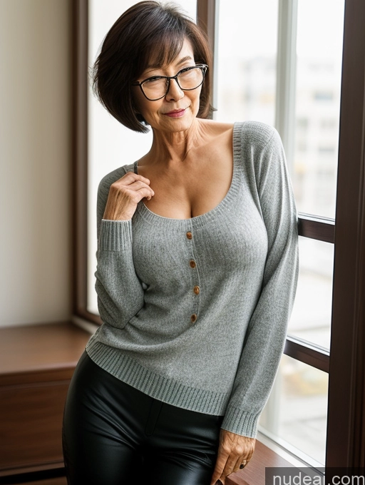 ai nude image of there is a woman wearing glasses and a sweater posing by a window pics of Milf Two Small Tits Beautiful Glasses Perfect Body Short Hair 70s Chinese Side View Bra Casual Professor Sweater Cleavage Dark Lighting Detailed Sexy Face