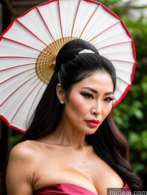 ai nude image of araffe woman with a red and white umbrella and a pink dress pics of Milf Oiled Body Long Hair Pouting Lips Sexy Face 60s Asian Geisha