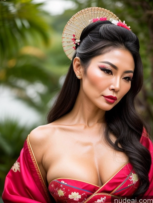 ai nude image of araffe asian woman in a red dress with a fan and a red dress pics of Milf Oiled Body Long Hair Pouting Lips Sexy Face 60s Asian Geisha