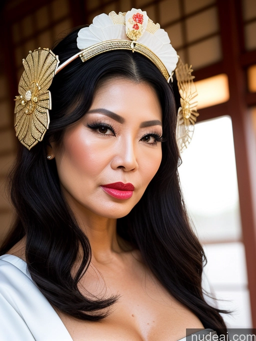 ai nude image of arafed asian woman in a white dress and gold headpiece pics of Milf Oiled Body Long Hair Pouting Lips Sexy Face 60s Asian Geisha