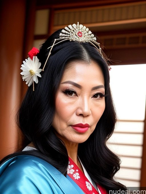 ai nude image of arafed asian woman in a blue kimono with a flower in her hair pics of Milf Oiled Body Long Hair Pouting Lips Sexy Face 60s Asian Geisha