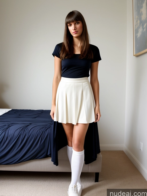 ai nude image of arafed woman in a black shirt and white skirt standing in a bedroom pics of Model Small Tits Beautiful Skinny 18 Serious Brunette Bangs Jewish Bedroom Bright Lighting Long Skirt High Socks Front View