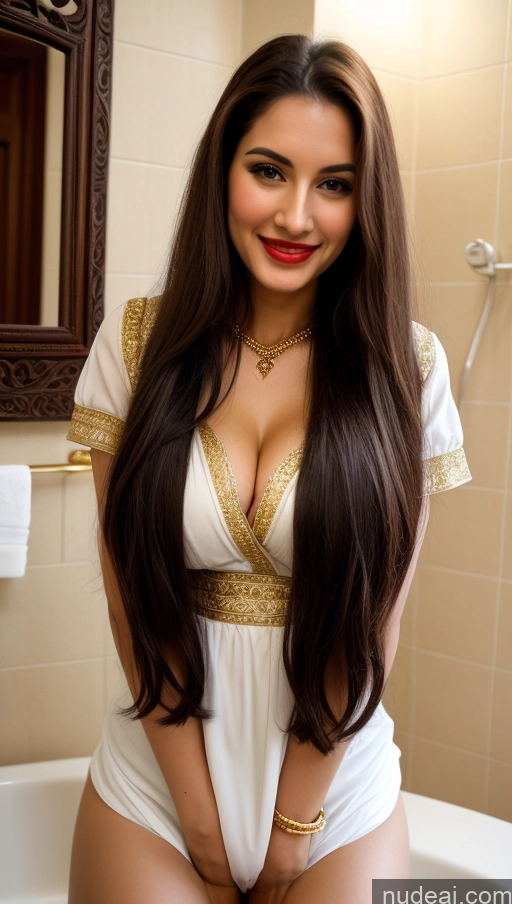 ai nude image of araffed woman in a white and gold bathing suit posing in a bathroom pics of Busty Beautiful Lipstick Big Hips Long Hair Fairer Skin 20s Happy Seductive Brunette Bathroom Straddling Blouse Dirndl Sari Victorian Cleavage Gold Jewelry Sorority Skinny Big Ass Vietnamese Detailed Film Photo