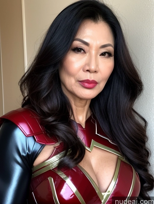 ai nude image of a close up of a woman in a red and gold costume pics of Milf EdgOrgasm Long Hair Pouting Lips Sexy Face 60s Asian Superhero