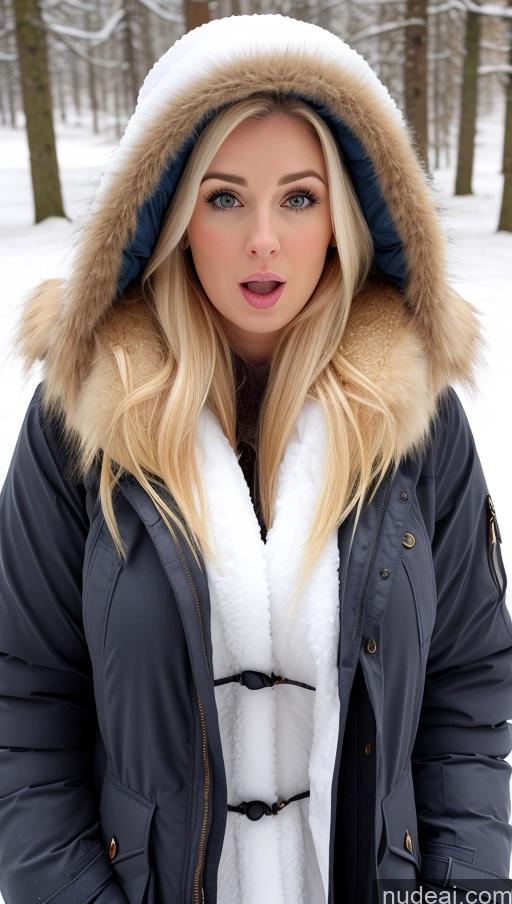 ai nude image of blond woman in a parka with a hood on in the snow pics of Beautiful Blonde Long Hair Fairer Skin Tanned Skin Busty Portuguese Parka Snow Detailed Thong 20s Shocked