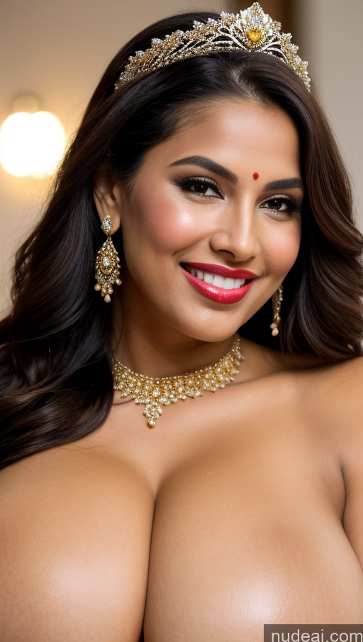 ai nude image of araffed woman with big breast wearing a tiable and a necklace pics of Busty Huge Boobs Beautiful Lipstick Big Ass Chubby Fairer Skin 50s Happy Sexy Face Black Hair Straight Middle Eastern Skin Detail (beta) Front View Nude Wedding Gold Jewelry Bright Lighting Snow Sari Miss Universe Model