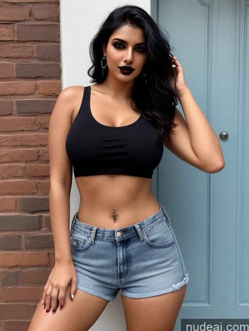 ai nude image of arafed woman in a black top and denim shorts posing for a picture pics of Perfect Boobs Big Hips Perfect Body Indian Daisy Dukes Goth Jeans Tank Top