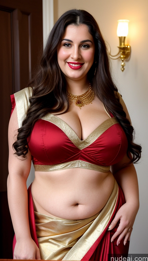 ai nude image of araffe woman in a red and gold sari posing for a picture pics of Milf Busty Beautiful Lipstick Thick Chubby Big Hips Fat Fairer Skin 20s Happy Seductive Brunette Long Hair Russian Party Front View Straddling Sari Blouse Dirndl Victorian Cleavage Gold Jewelry