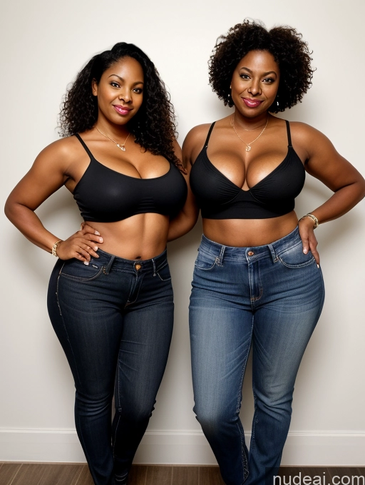 ai nude image of two women in black bra tops and jeans posing for a picture pics of Milf Two Thick Long Legs Dark Skin 50s Sexy Face Black Hair Curly Hair Black Wedding Rings Busty T-pose Jeans