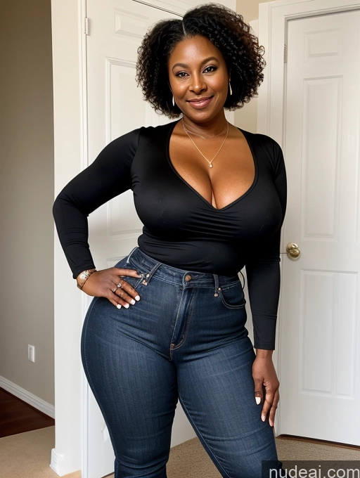 ai nude image of there is a woman in a black top and jeans posing for a picture pics of Milf Two Thick Long Legs Dark Skin 50s Sexy Face Black Hair Curly Hair Black Wedding Rings Busty T-pose Jeans