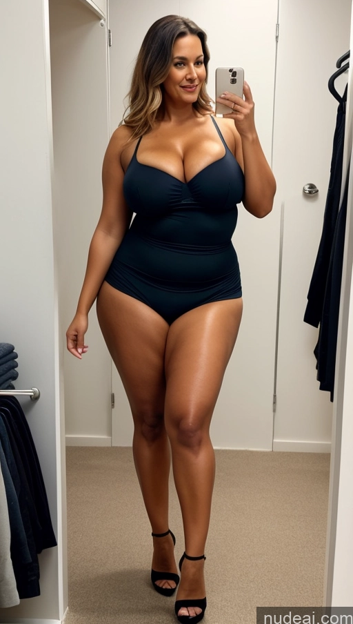 ai nude image of a woman in a black swimsuit taking a selfie in a mirror pics of Milf Big Hips Long Legs Big Ass Tall Chubby Thick Abs Busty Perfect Boobs Beautiful Nude High Heels Two 40s Changing Room