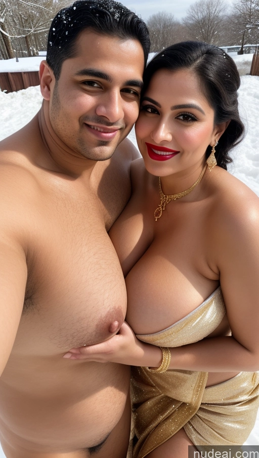 ai nude image of araffes are posing for a picture in the snow pics of Busty Huge Boobs Beautiful Lipstick Big Ass Chubby Fairer Skin 50s Happy Sexy Face Black Hair Straight Middle Eastern Skin Detail (beta) Front View Nude Wedding Gold Jewelry Bright Lighting Sari Woman + Man Snow