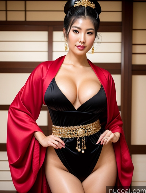 ai nude image of araffe woman in a black and red outfit posing for a picture pics of Busty Perfect Boobs Big Hips Long Legs Oiled Body Sexy Face Black Hair Japanese Onsen Fantasy Armor Jewelry Pearl Jewelry Geisha Kimono Hair Tied Up Sweater Gold Jewelry